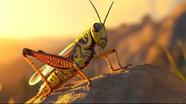 A vibrant grasshopper perched on a rock during golden hour.