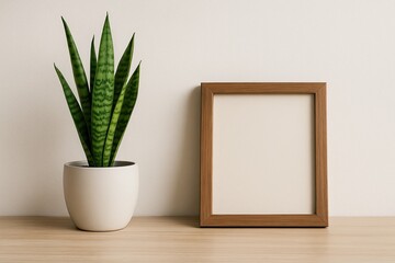 green plant decor, decorative plant with art frame, tall green plant beside wooden frame on light