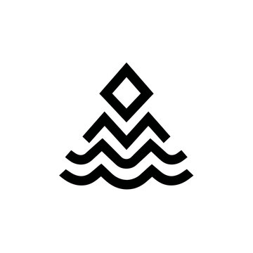Abstract geometric mountain peak with diamond on top, rising from stylized waves. Minimalist nature logo design.
