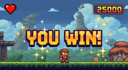 Pixelated game screen showing you win message with character and heart on a fantasy background
