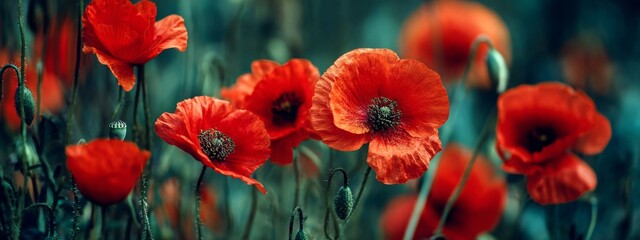 Dramatic Poppy flowers field. Anzac day banner. Remember for Anzac, Historic war memory. Anzac background. Poppy field, Remembrance day.