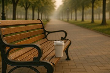 serene street with lone bench and mist, calm city environment featuring solitary bench and gentle