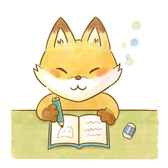 Cute watercolor fox studying illustration with notebook and pencil, education and school theme, copy space, isolated on white background