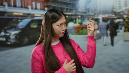 Woman mimicking guitar gestures in vibrant pink sweater on bustling urban street with blurred...