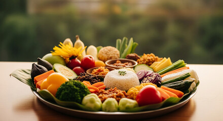 Vibrant vegan platter with fresh vegetables, rice, and sauces on a banana leaf, perfect for healthy eating promotions and culinary inspiration