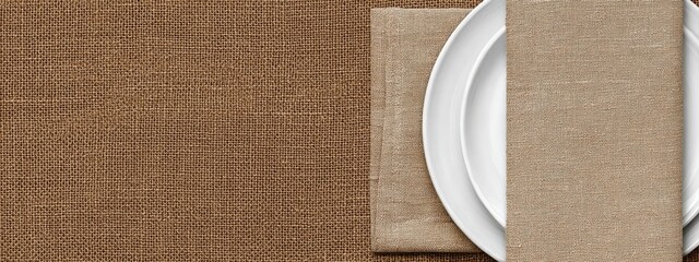 Empty white plate with a beige linen napkin on a brown rustic background. Top view, flat lay, copy space.