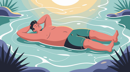 A relaxed man with hands behind his head floats peacefully on his back in clear blue water surrounded by lush green foliage under warm sunlight