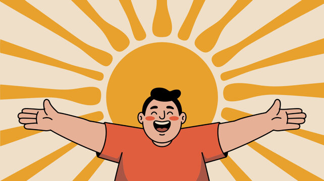 Joyful man with arms outstretched and thumbs up in front of a bright radiating sun symbolizing happiness and success - Powered by Adobe