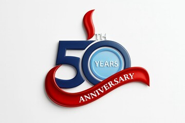 Elegant 50th anniversary celebration emblem with red ribbon and blue circle featuring years text