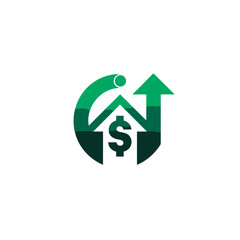 Obraz premium Green real estate investment growth concept featuring a house icon with dollar sign and upward trend arrow, representing property value and financial success.