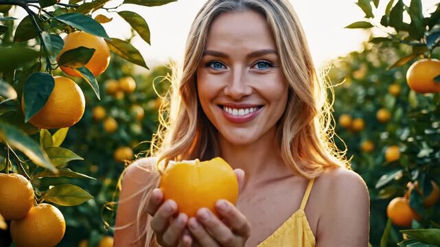 Woman smelling fresh orange surrounded by orchard sunlight