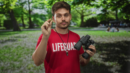 Young hispanic lifeguard man holding black binoculars and whistle, pinching fingers in forest near...