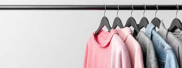 Female clothes in pastel pink and gray color on hanger on white background. Jumper, shirt, jeans and bag. Spring/autumn outfit. Minimal concept.
