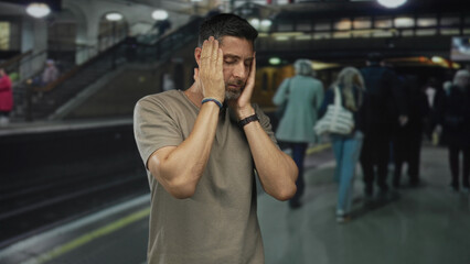 Man covering face with hands, palms pressed to temples on a crowded platform inside a railway...