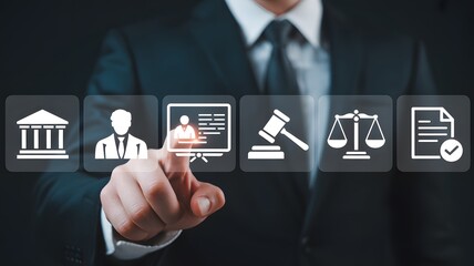 legal services and law consulting concept with businessman touching digital justice icons interface