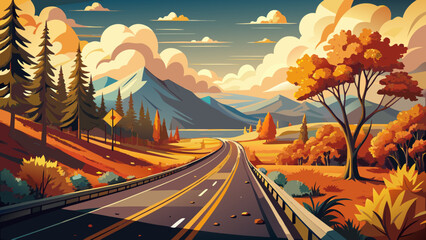 Very beautiful vintage highway framed by autumn colors and golden sunlight, evoking nostalgia and warmth, perfect for travelers seeking the magic of old American road trips and timeless journeys.