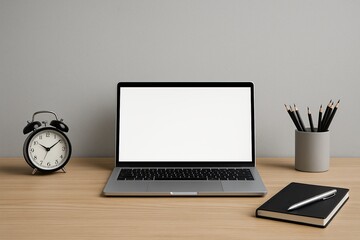 clean desk for focused tasks, tidy laptop station on wooden surface with essentials for efficiency