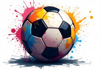 Fototapeta premium A colorful soccer ball covered in bright multicolored paint splashes