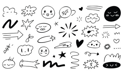 Vector cartoon doodle set of hand-drawn arrows and comic speech bubbles with smile faces, funny icons, and design elements