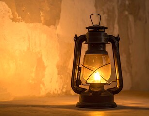 Close-up of an antique kerosene lantern glowing in a dim environment