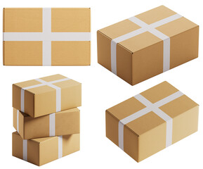 Cardboard shipping boxes with white tape isolated on transparent background – packaging and delivery concept