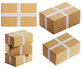 Cardboard shipping boxes with white tape isolated on transparent background – packaging and delivery concept