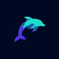 Fototapeta premium Vibrant Neon Graphic Illustration of a Jumping Dolphin with Blue and Purple Gradient Colors on a Dark Background, Marine Animal Art