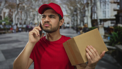 Young hispanic courier holding cardboard box and talking on phone on busy street; reliable service trust commitment.