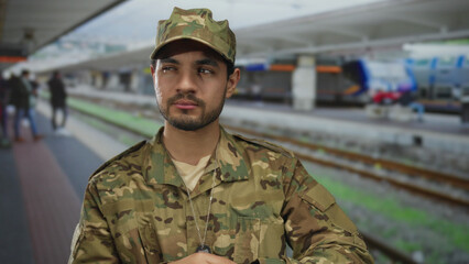 Fototapeta premium Young hispanic man in camouflage uniform holds dogtags and glances sideways on building platform; pride duty.