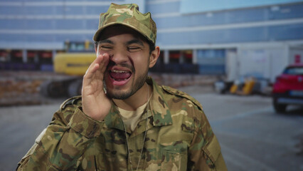 Fototapeta premium Man in camouflage uniform cups hand to mouth at building construction site with excavator nearby; determination.