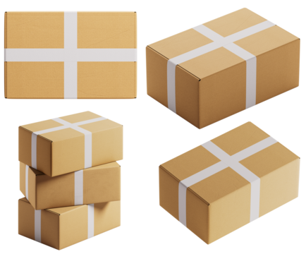 Cardboard shipping boxes with white tape isolated on transparent background – packaging and delivery concept