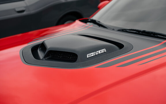 Dodge Challenger R/T with shaker scoop. Engine hood with hole for air intake with the word "shaker" on it. Detroit, MI, USA - November 14 2024