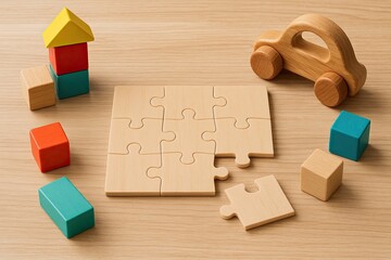 children collaboratively assembling jigsaw puzzles surrounded by toy cars and colorful building
