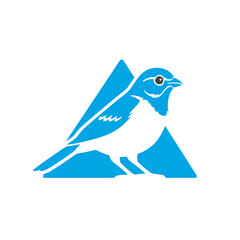 Modern minimalist bird logo icon with abstract blue geometric triangle shape. Stylized perching bird silhouette vector graphic.