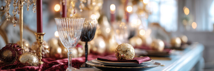Luxury Christmas tables cape close-up, crystal goblets, burgundy candles, gold ornaments, charger plates on velvet runner, bokeh lights, shallow depth of field, panoramic horizontal banner. Copy space