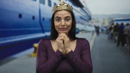Young woman wearing a crown looks anxious at a bustling port with a large boat in the background suggesting anticipation of a journey or event.