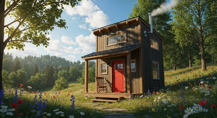 Cozy wooden house in a picturesque landscape surrounded by trees and colorful flowers. House features red door and chimney, nestled in lush greenery with vibrant flora.