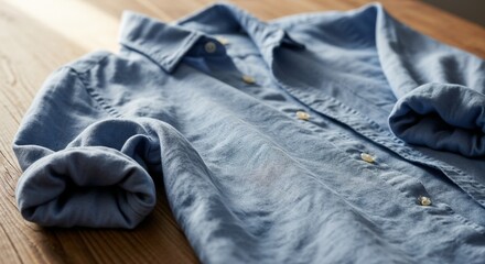 Casual blue shirt folded on wooden table with rolled sleeves and subtle embroidery details. Blue shirt features soft fabric and stylish design, making it perfect for relaxed occasions.