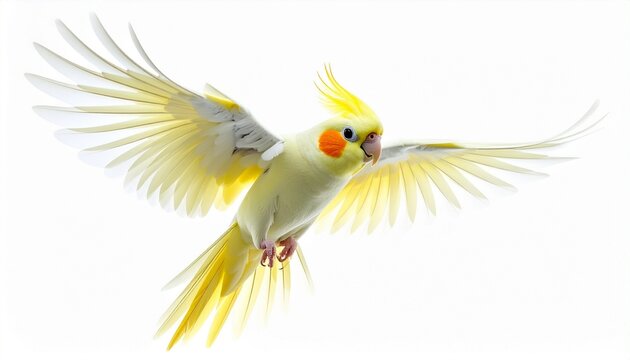 Majestic Lutino Cockatiel in Full Flight Isolated on a High-Key White Background