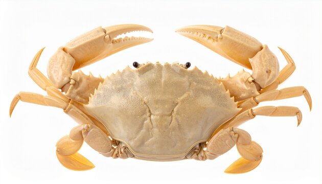 Detailed Studio Shot of a Light-Colored Marine Crab Specimen with Extended Claws, Isolated on White Background.