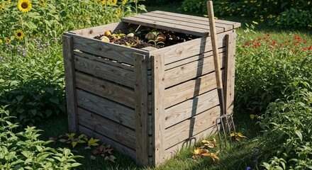 Compost bin with organic waste and gardening tool in vibrant garden setting. Compost bin includes wooden structure filled with leaves and kitchen scraps surrounded by green plants and sunflowers.