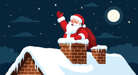 Flat vector of cheerful Santa waving from chimney on snowy roof beneath starry winter sky, joyful Christmas Eve moment