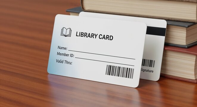 Library card on wooden table with books in background displaying member ID and barcode. Library card features essential details like name and valid through date for reader's access.
