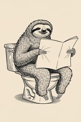 Obraz premium A charming illustration of a sloth reading while seated on a toilet, a whimsical portrayal of a relaxed moment, full of humor and unique charm.