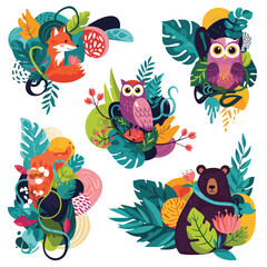 Abstract Forest Animals and Tropical Leaves Vector Set with Fox, Owl, and Bear Illustration