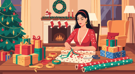 Flat vector of woman wrapping Christmas presents on table with ribbons and paper, festive holiday preparation scene