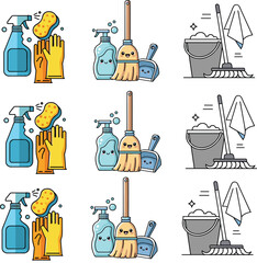 Cute Kawaii Cleaning Supplies and Equipment Vector Icon Set for Household Chores