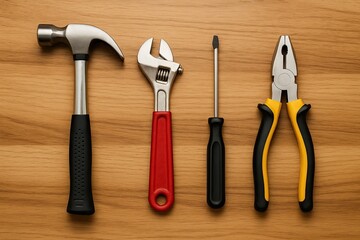 tools arranged on wood surface for maintenance, set of tools prepared for garage or workshop tasks