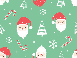 Cute santa heads, candy canes and snowflakes on mint green, simple christmas trees and dots in a playful seamless pattern for wrapping paper, fabric and festive decor.