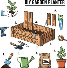 DIY Garden Planter Construction and Planting Steps Vector Instruction Set